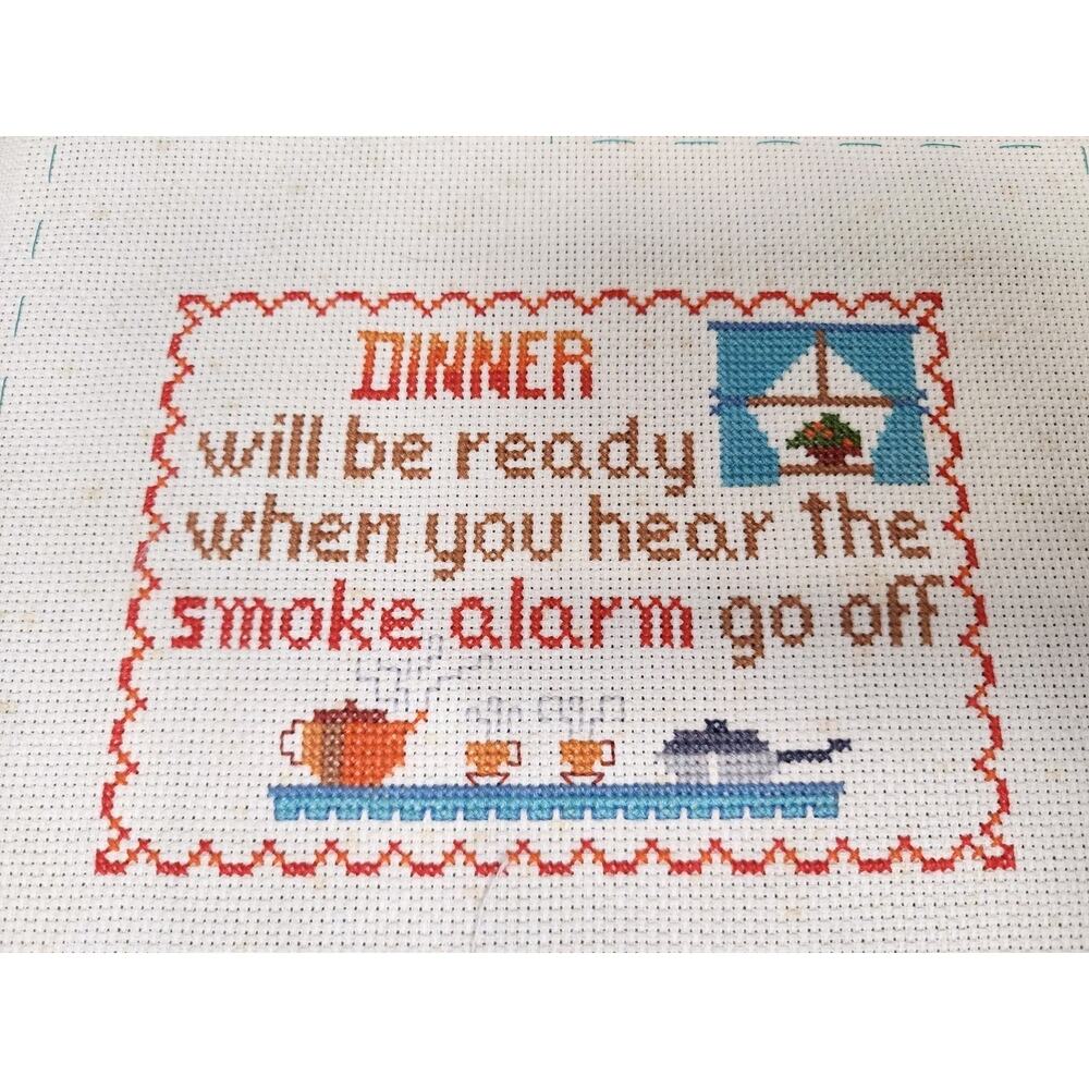 Bucilla 49428 "Smoke Alarm" Cross Stitch Completed Dinner's Ready When...